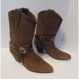 ACME Cowboy Boots Vintage Brown Suede Leather Wrap Beaded Mexico Cowgirl 8.5
